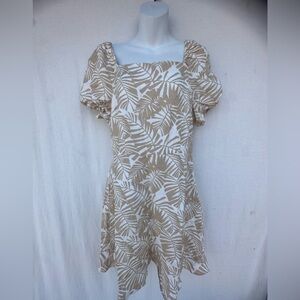 Loft Elegant Tan and White Leaf Print Dress# A1